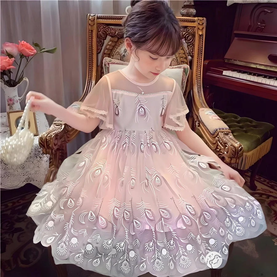 

Tween Child Elegant Tulle Peacock Dress with Feather for Baby Girl Lovely Puffy Dresses Kids Princess Cute Wedding Party Clothes
