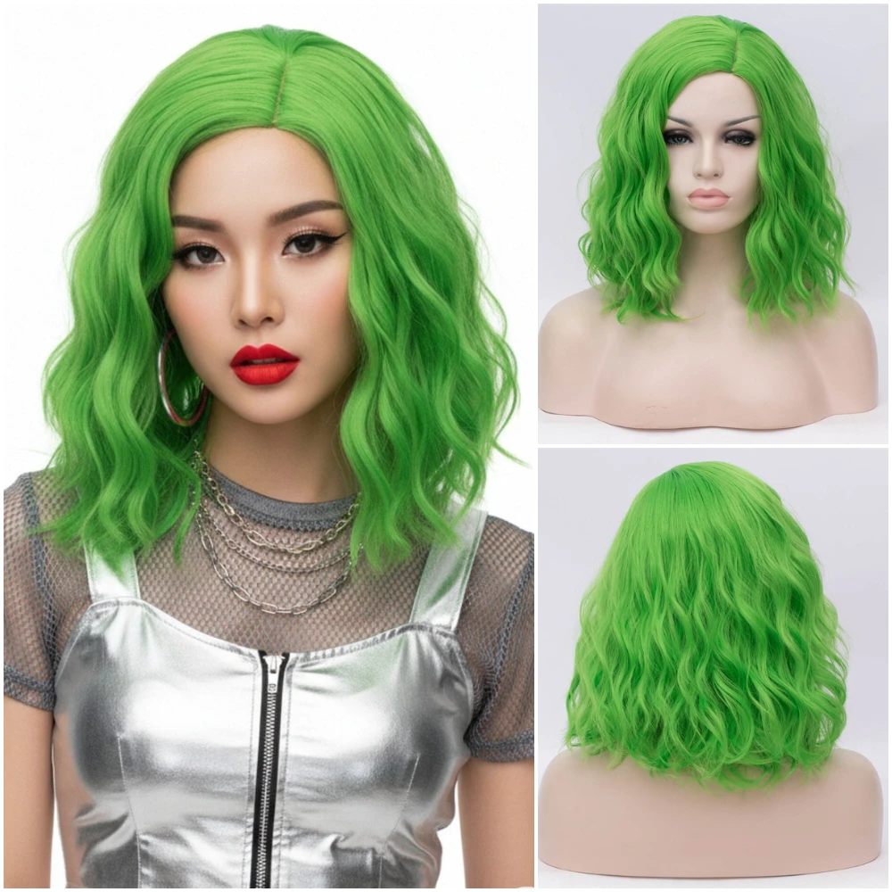 

Короткие синтетические волнистые парики, зеленая средняя часть для женщин, косплей, Лолита, повседневная вечеринка, термостойкие