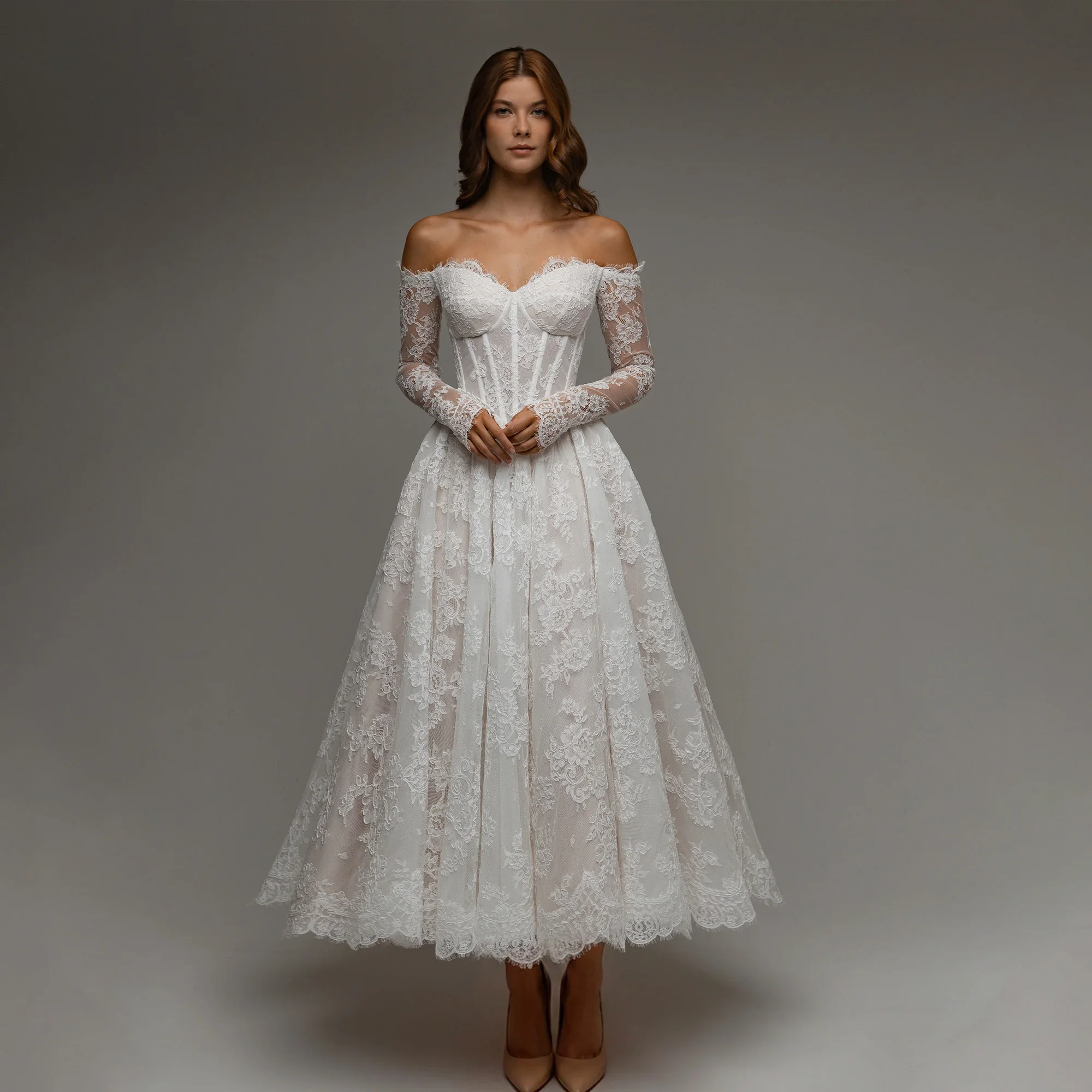 Off Shoulder Midi Wedding Dresses Full Sleeve Corset Back Applique Lace Civil Bride Gowns A-Line Vestidos De Novias Customized