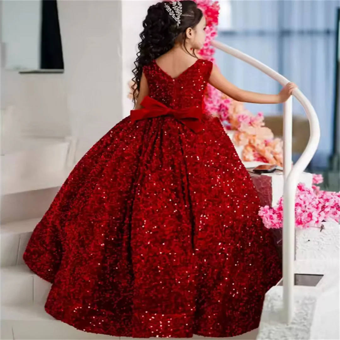 Burgundy Flower Girl Dresses Sequin With Bow And Trailing Sleeveless For Wedding Prom Birthday Party Banquet Princess