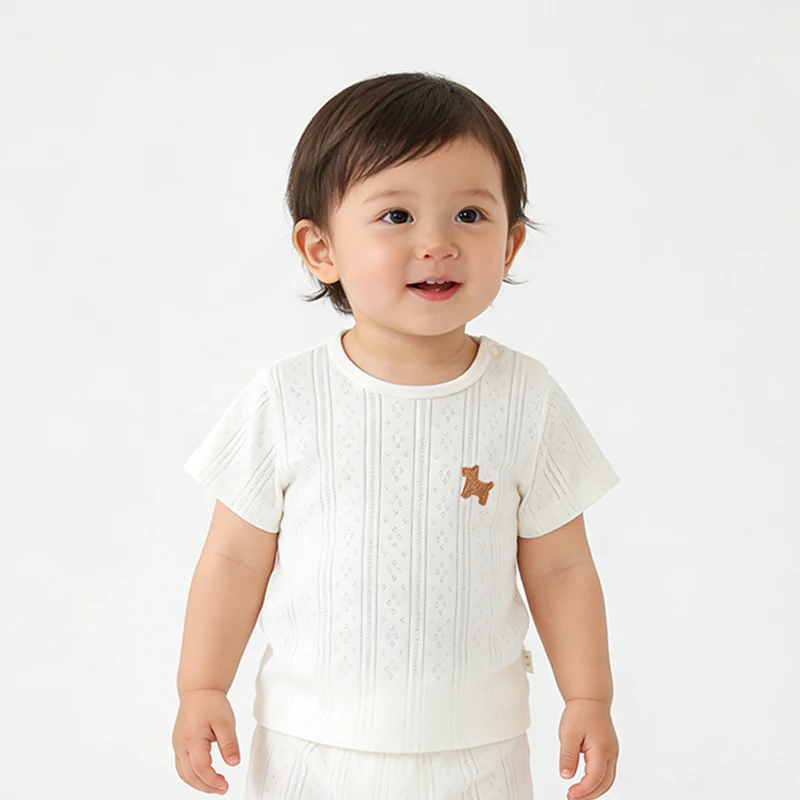 

Детская летняя бесшовная футболка из чистого хлопка с коротким рукавом для мальчиков и девочек, однотонная, с жаккардовым узором