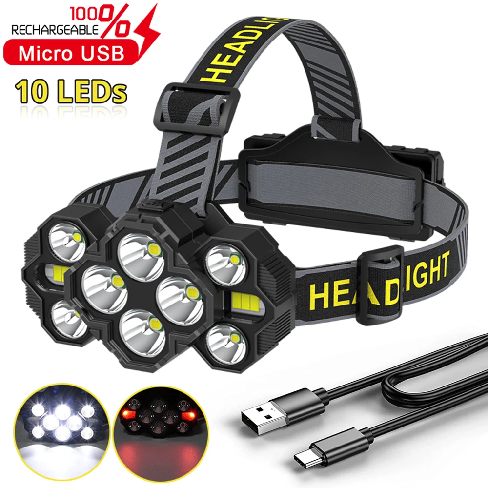 

Powerful 10 LED Headlamp 200000LM Fishing Lantern USB Rechargeable 18650 Headlight Waterproof Camping Flashlight Warning lights