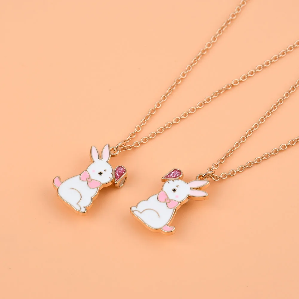 Lovecryst 2Pcs/set Cartoon Rabbit Magnetic Drip Oil Alloy Pendant Best Friend Necklace for Kids Girls Fashion Friendship Gifts