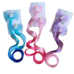 2PCS New Lovely Princess Rainbow Bow Unicorn Wig Girls Hairpins Children Headwear Hairgrip Hair Clips Barrettes Hair Accessories