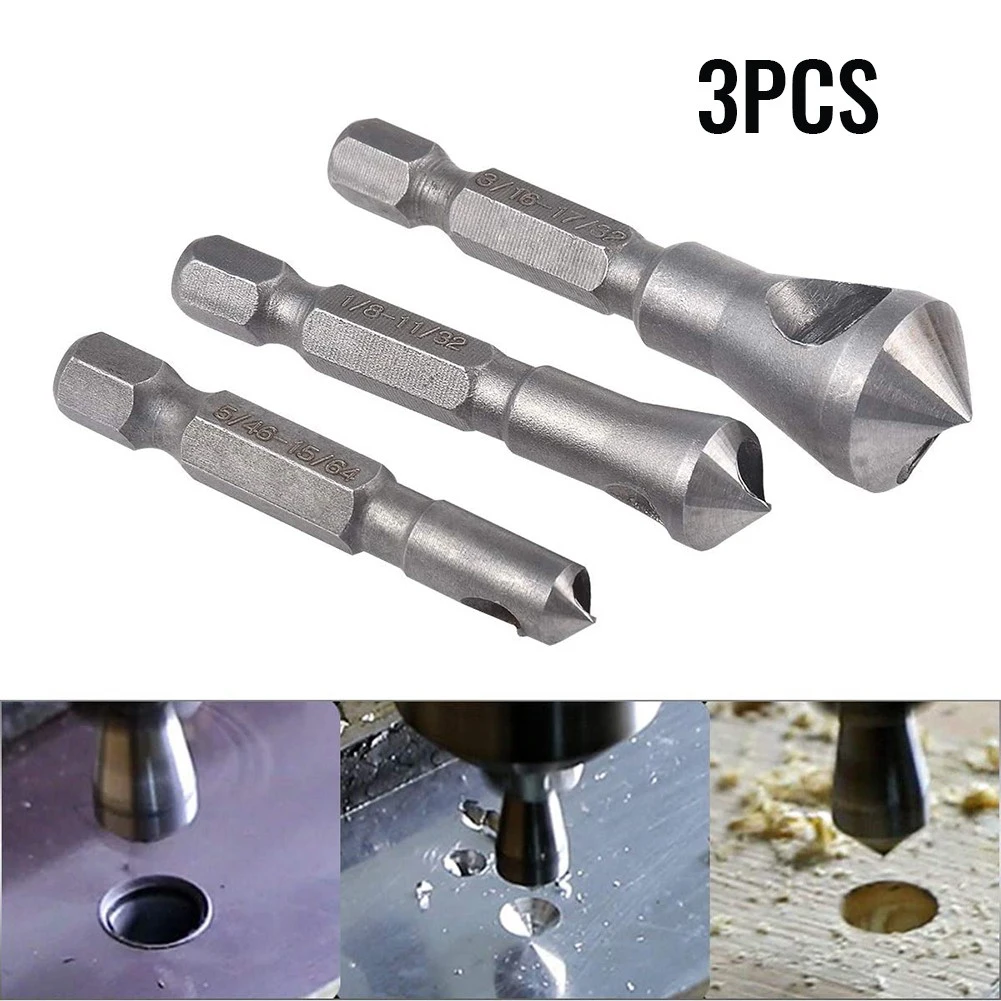 High Speed Steel Deburring Drill Bit Set 3PCS Counter Hole and Deburring Tool Smooth Finish Easy Grip Hex Shank