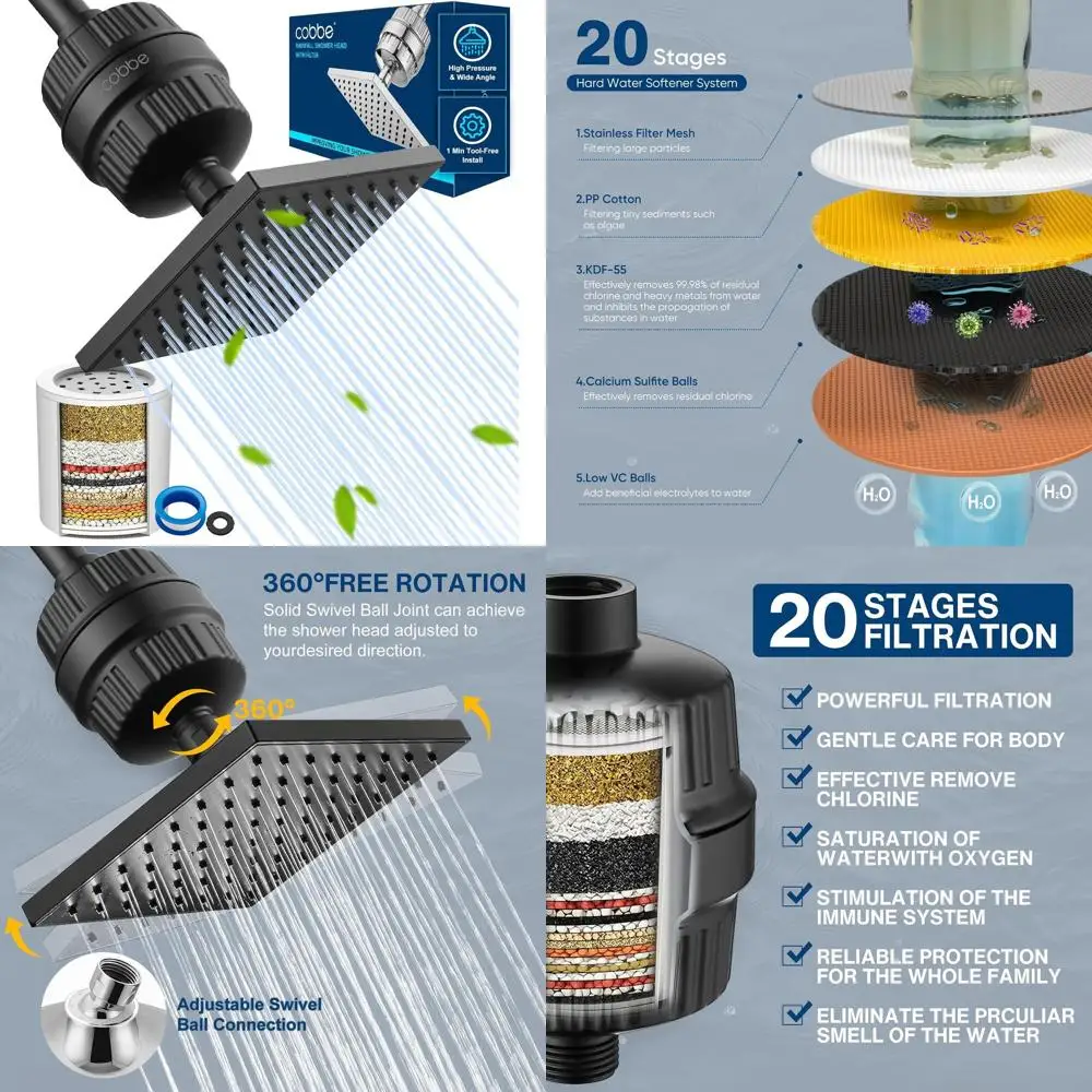 

Matte Black Rain Shower Head Combo with 20-Stage Filter to Reduce Chlorine and Hard Water Minerals