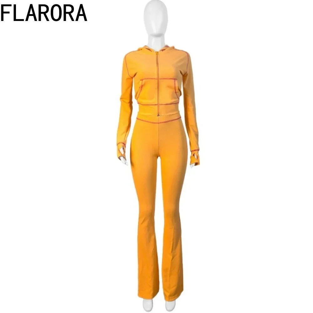 FLARORA Autumn Waffle Texture Striped Women\'s Two Piece Sets Casual Solid Long Sleeve Hoodies And Flared Pants Set Sweatsuits