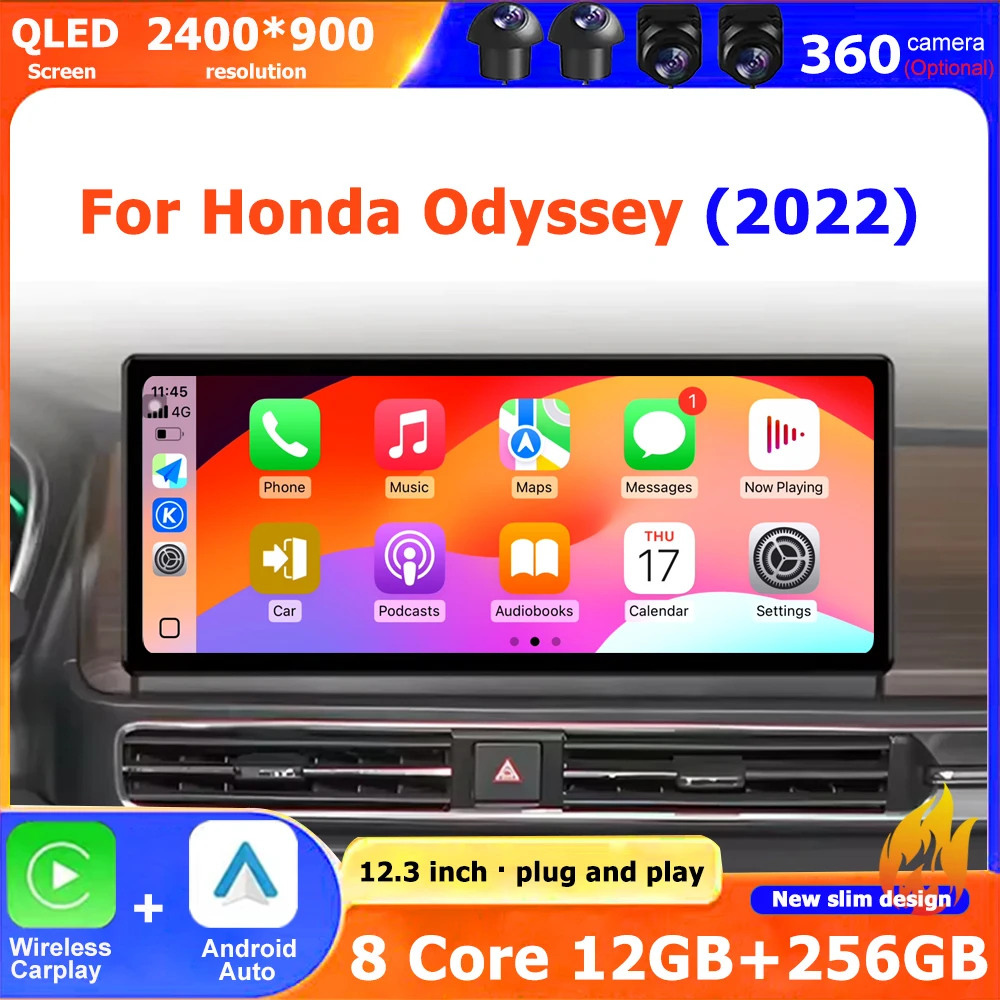 Reproductor de vídeo Multimedia para Radio de coche, navegación GPS para Honda Odyssey 2022, WIFI, Android 16, Auto CarPlay, Bluetooth, pantalla de 12,3 pulgadas