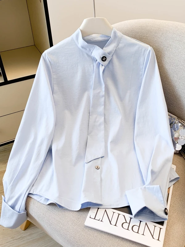 

Женская свободная блузка Ele Blue с драпированным воротником, новинка весна-осень, повседневный базовый топ с длинным рукавом