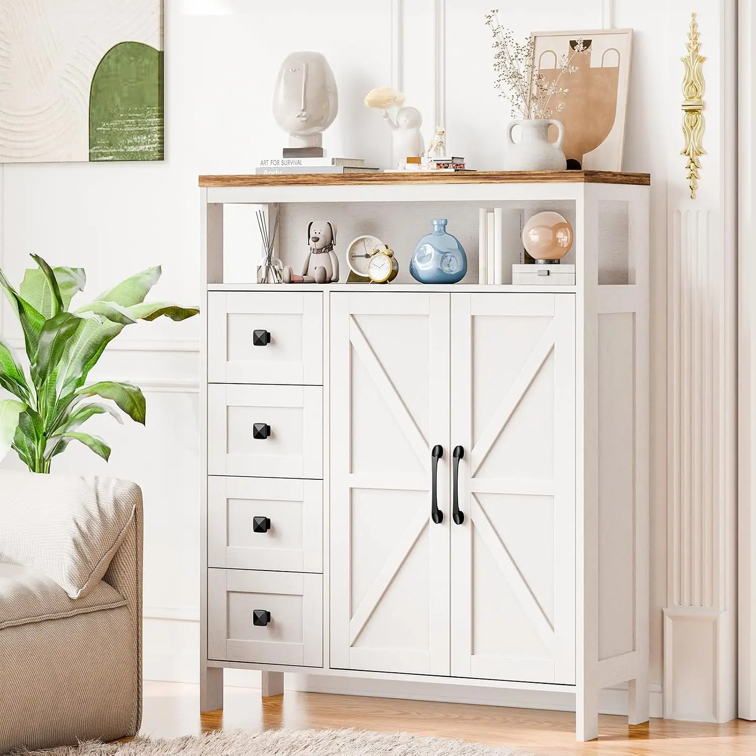 Farmhouse Storage Cabinet 2 Doors & 4 Drawers Freestanding Bathroom Kitchen Pantry Floor Cupboard Living Room, Customized