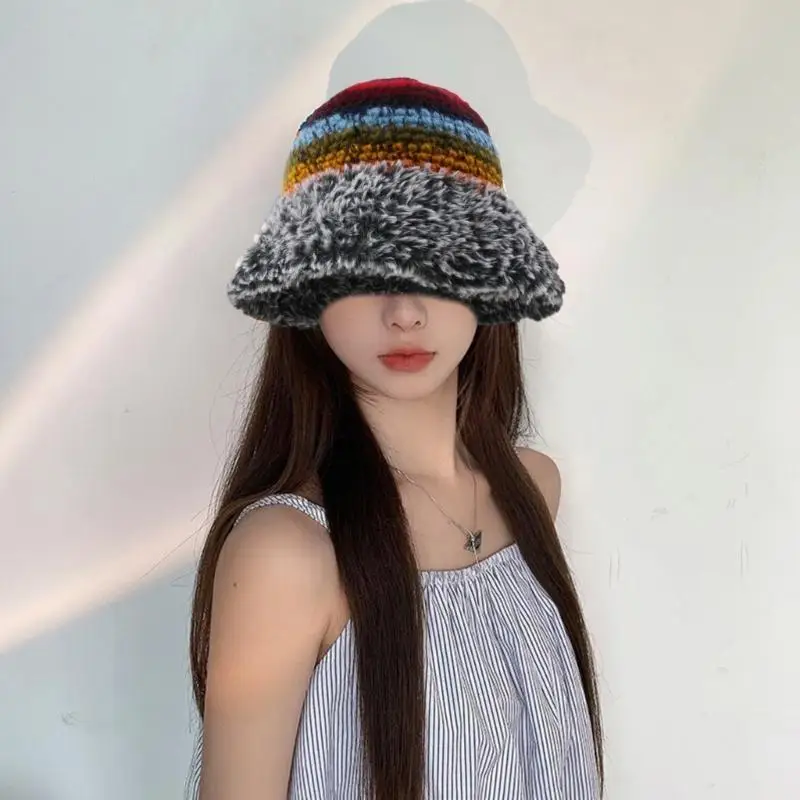 

652F Trendy Crochet Stripe Pattern Bucket Hat for Woman Camping Travel Fisherman Hat