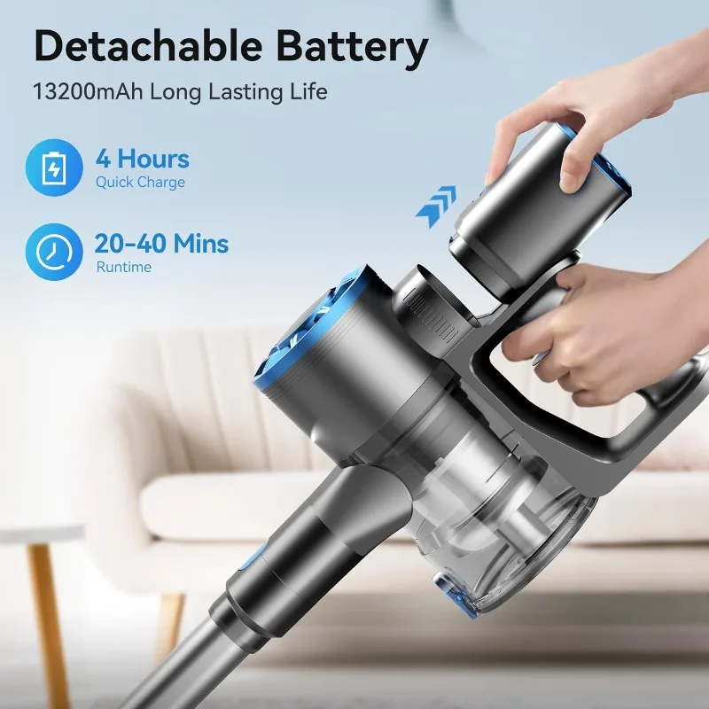 Vazone Cordless Vacuum Cleaner, Lightweight Stick Vacuum Cleaner with Self-Standing, Rechargeable Battery and LED Display, Blue