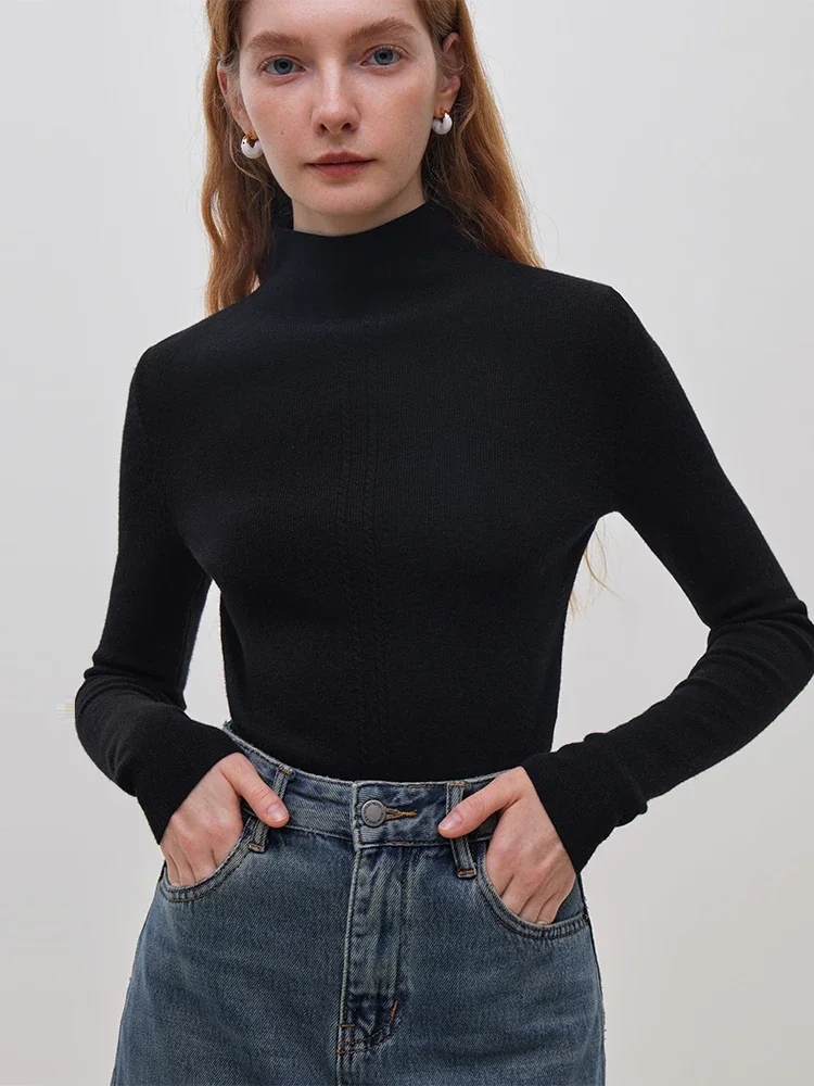 FSLE Double Cable Half Turtleneck 82.4% Wool Knitted Pullover for Women Winter 2023 New Warm Slim Korean Style Base Layer Shirt