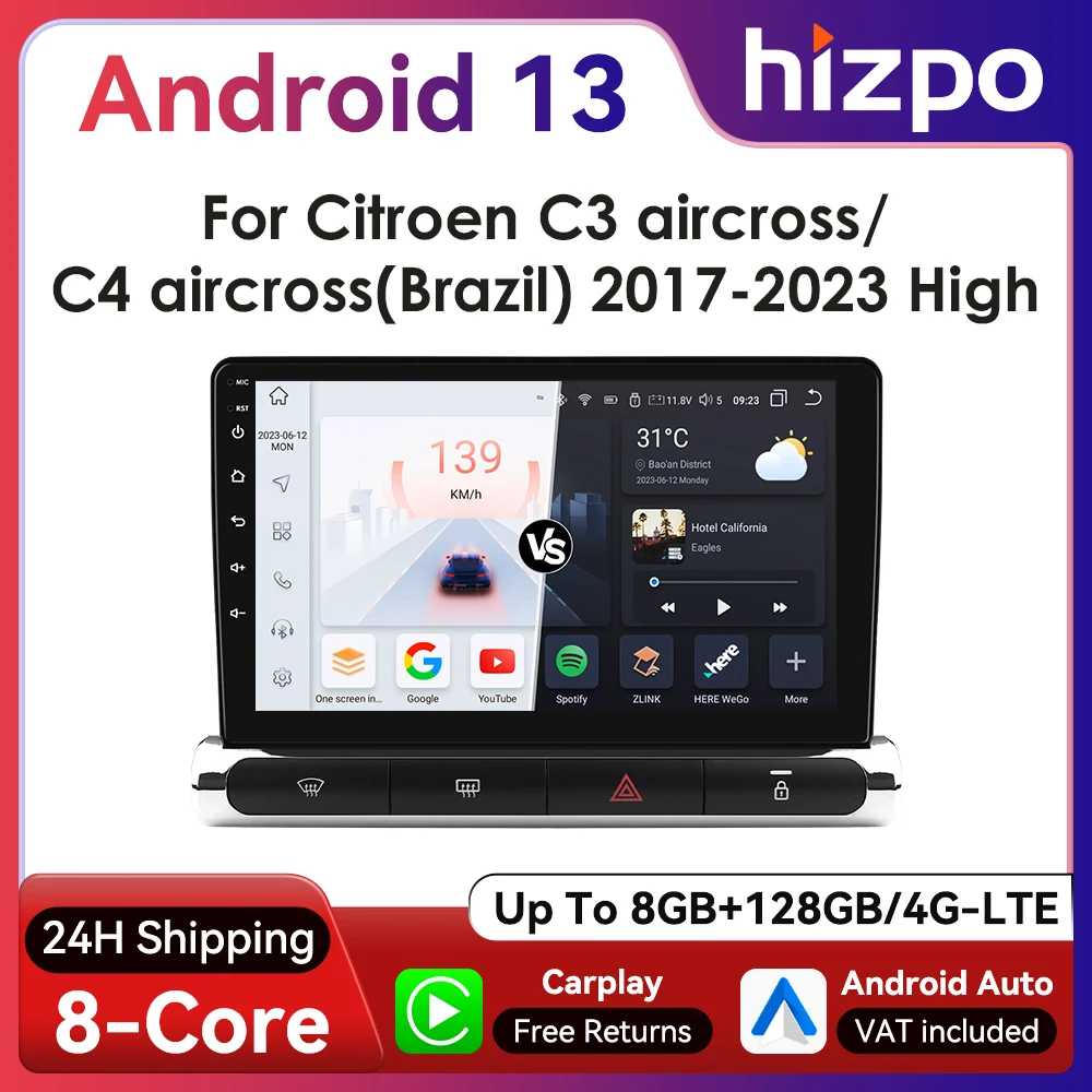 Hizpo 2Din 9inch CarPlay Android Auto Car Radio for Citroen C3/C4 Aircross 2017 - 2023 GPS RDS DSP 4G BT 360°CAM UI7862 Headunit