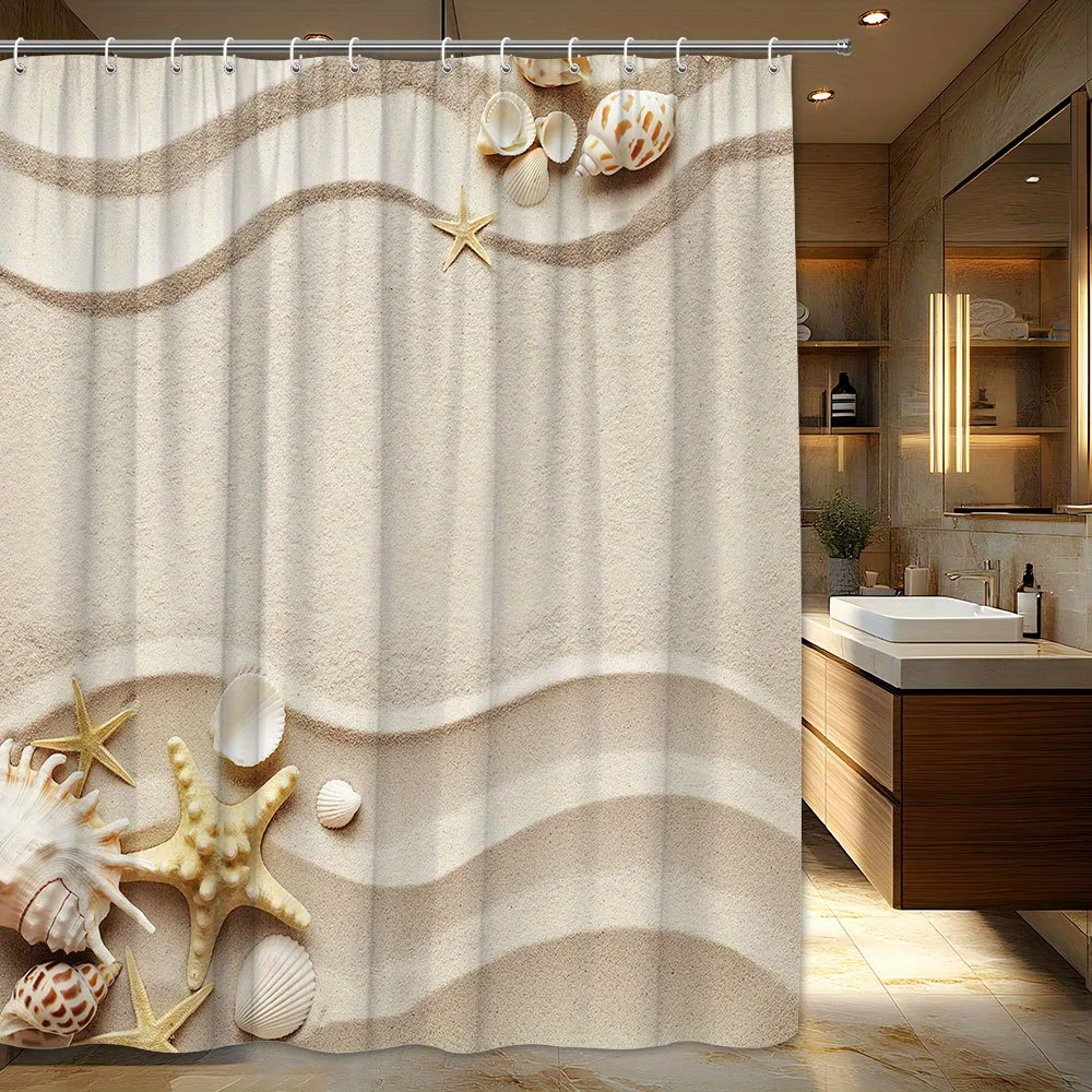 

Ocean Theme Starfish Shells Shower Curtain Polyester Machine Washable with 12 Hooks for Bathroom Decor