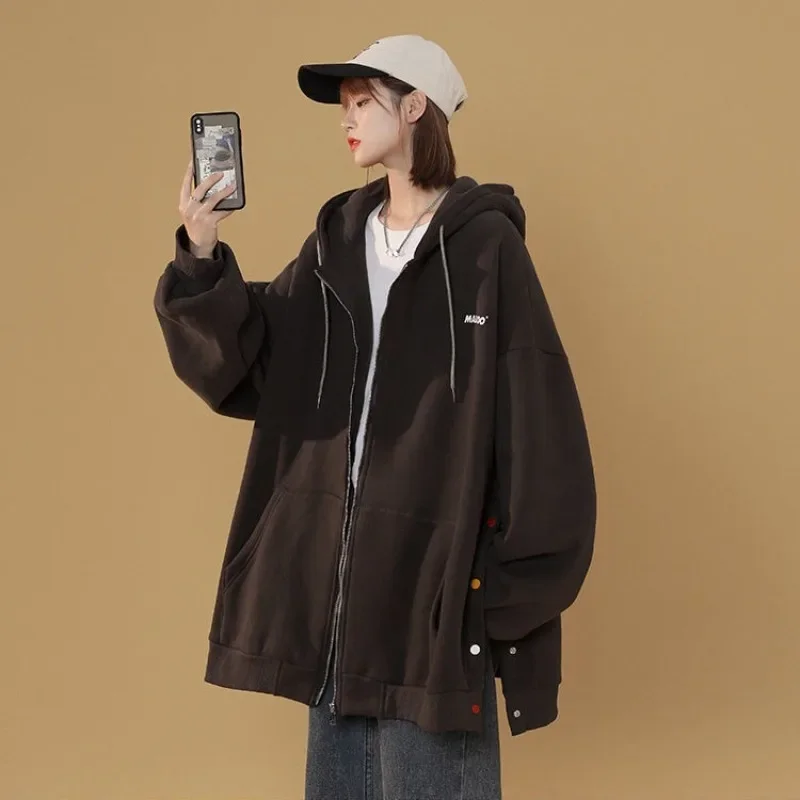 Button with Zipper Woman Hooded Tops Dropshiping Sport Korean Streetwear Y2k Novelty Kpop Essential Hoodies Sweatshirt for Women