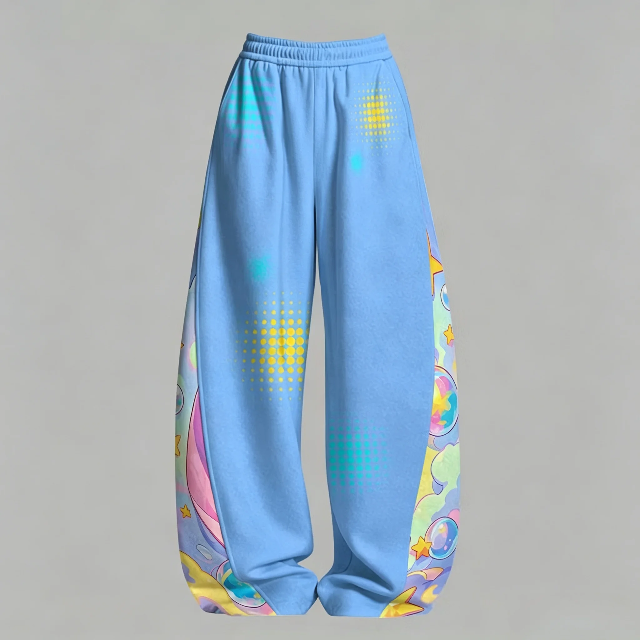 Light Blue Wide-leg Sweatpants Featuring A Galaxy, Bubble, Rainbow, and Star Print; Casual Trousers; Streetwear-style Pants.