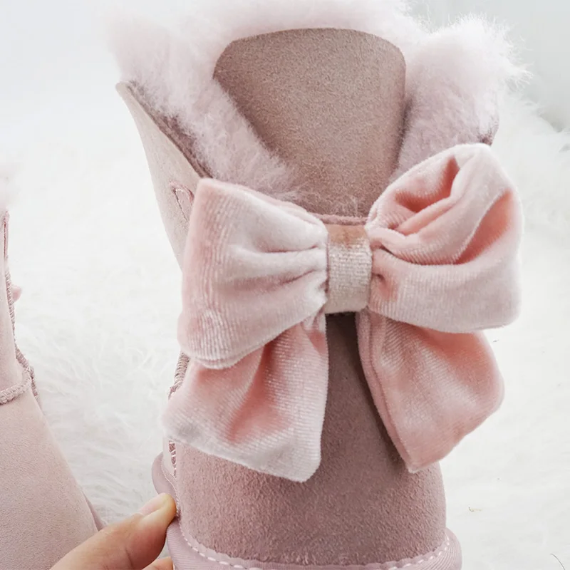 New Classic Velvet Bow 100% Genuine Sheepskin Leather Snow Boots Natural Fur Women Boots Warm Winter Boots Ankle Boots