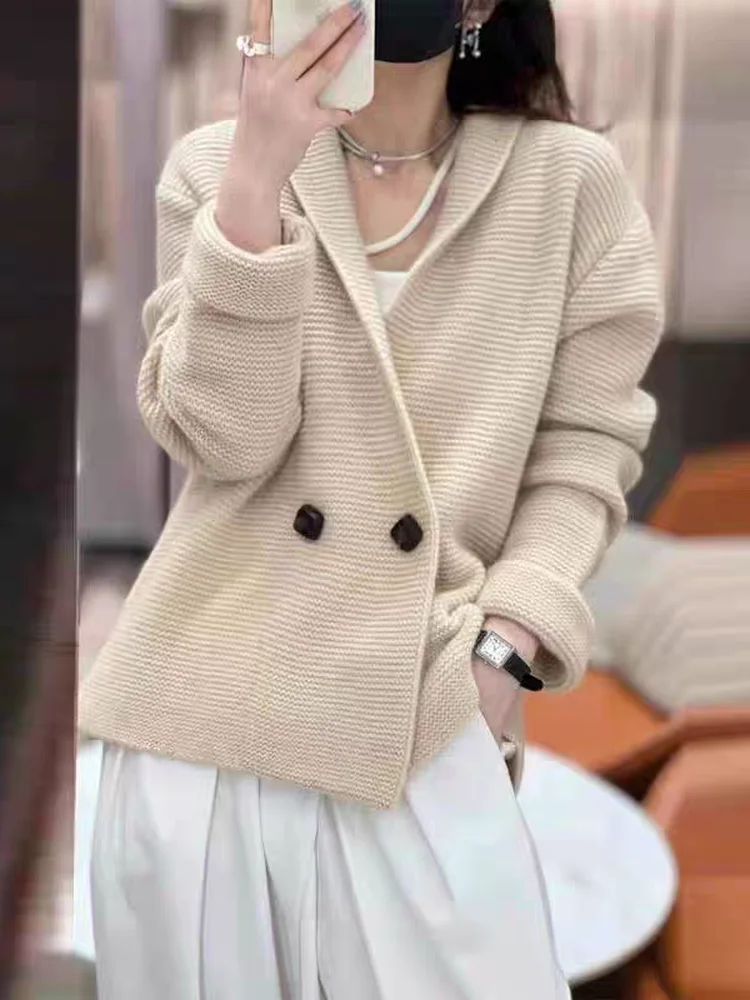 

Шикарный вязаный свитер, пальто, женское весенне-осеннее белое пальто с нежным ветром, верхняя одежда Sle Faion, V-Ne, двойная пуговица