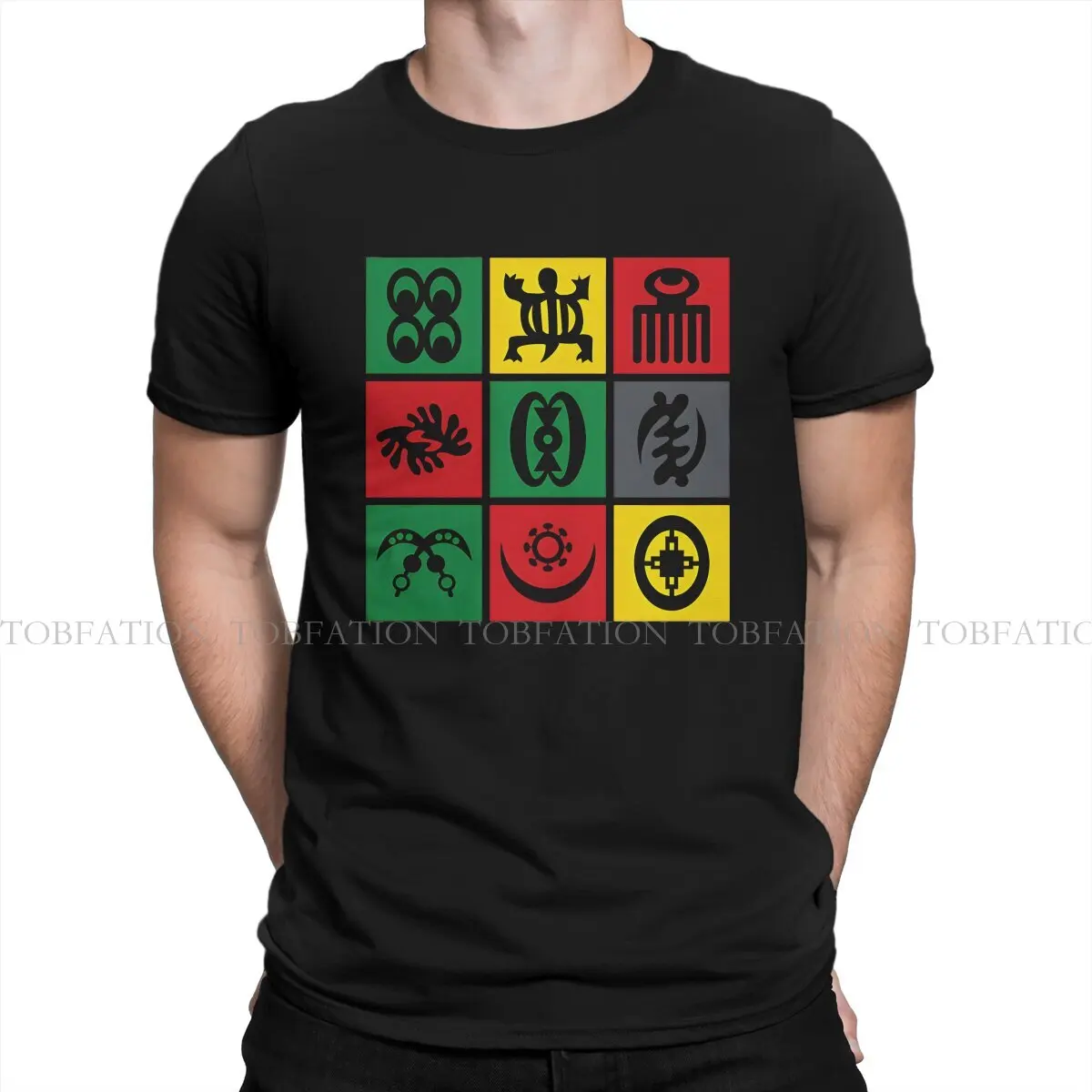 Rasta Design Crewneck TShirts Adinkra Africa Symbols Print Men's T Shirt Hipster Tops Size S-6XL