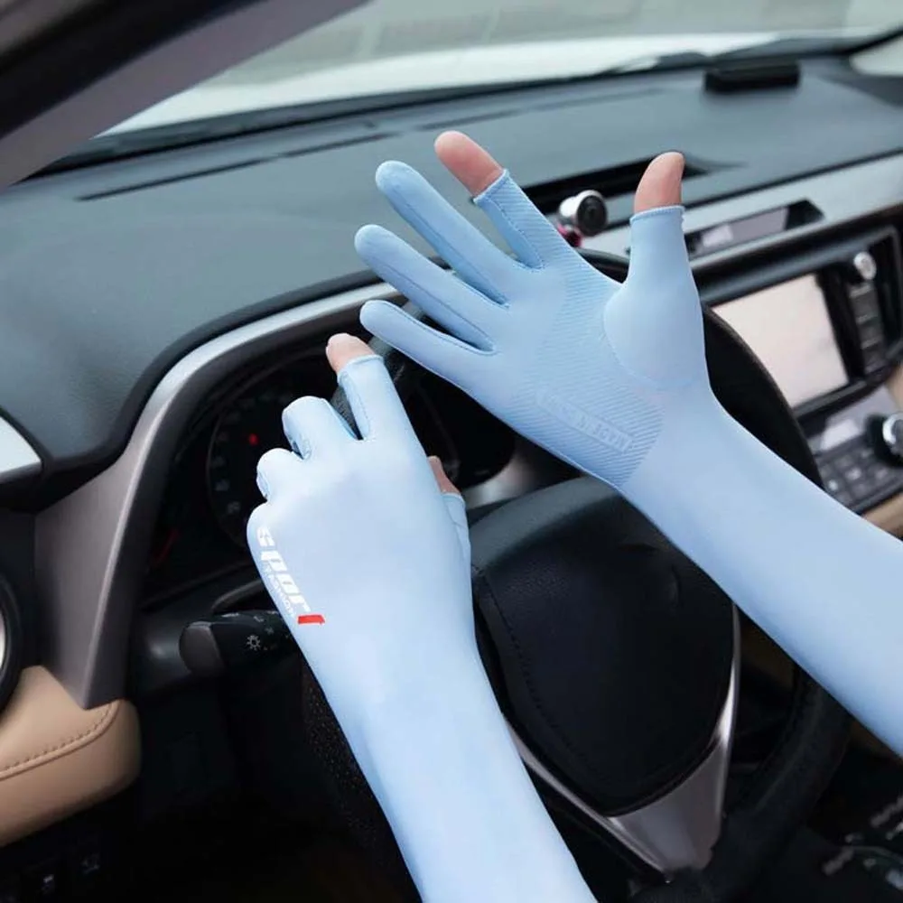 Thin Half Finger Ice Sleeves Sun Protection Breathable Summer Long Arm Covers Anti-Slip Polyester Anti-UV Arm Sleeves For Women view 2