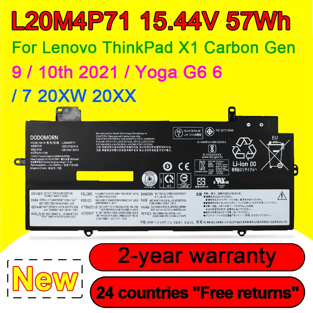 For Lenovo ThinkPad X1 Carbon Gen 9/10th 2021,Yoga G6 6th Gen 20XW 20XX L20M4P71 L20L4P71 L20C4P71 L20D4P71 Battery 15.44V 57Wh