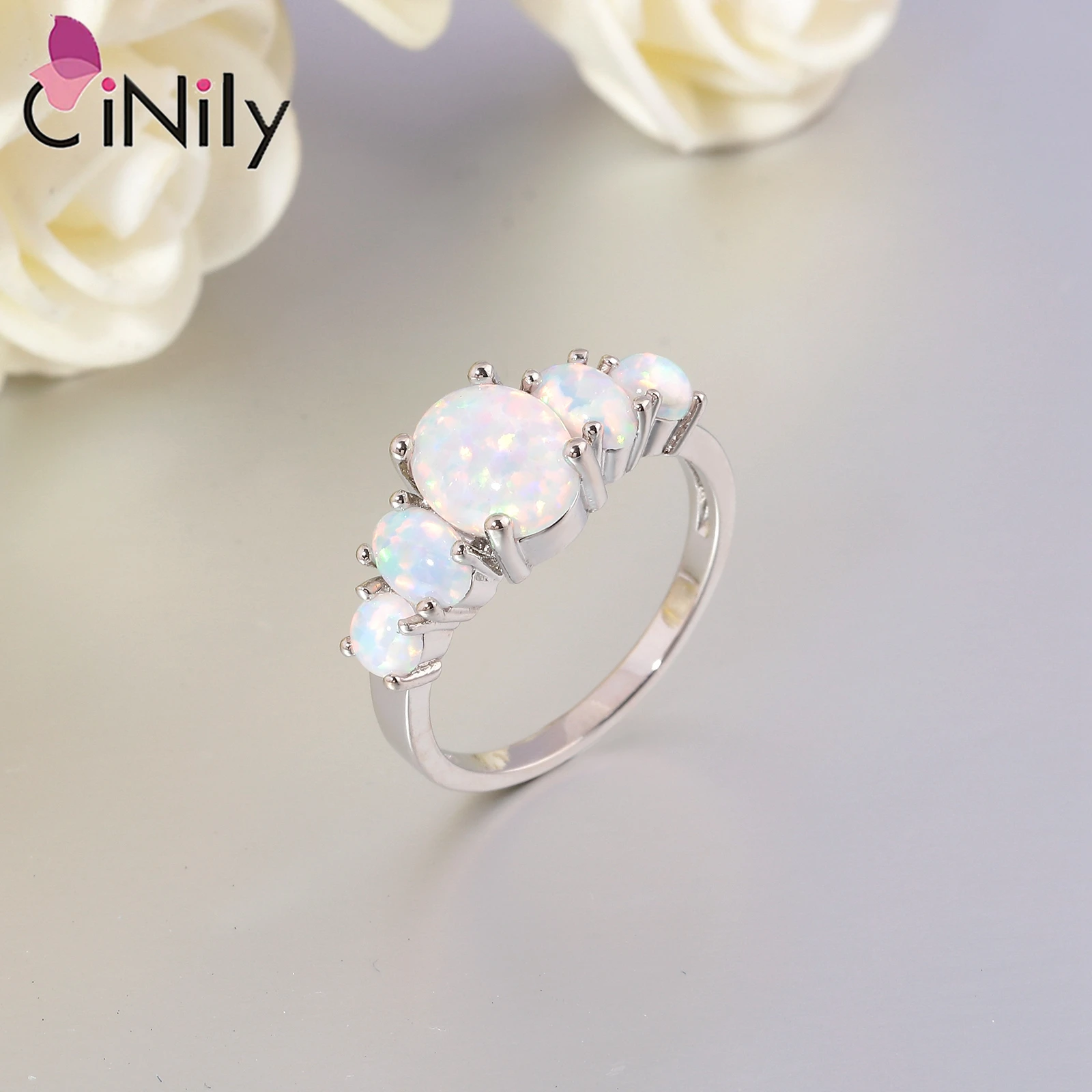 CiNily White Fire Opal Rings With Oval Big Stone Silver Plated Wedding Engagement Minimalist Bohemia Boho Jewelry Size 10 11 12