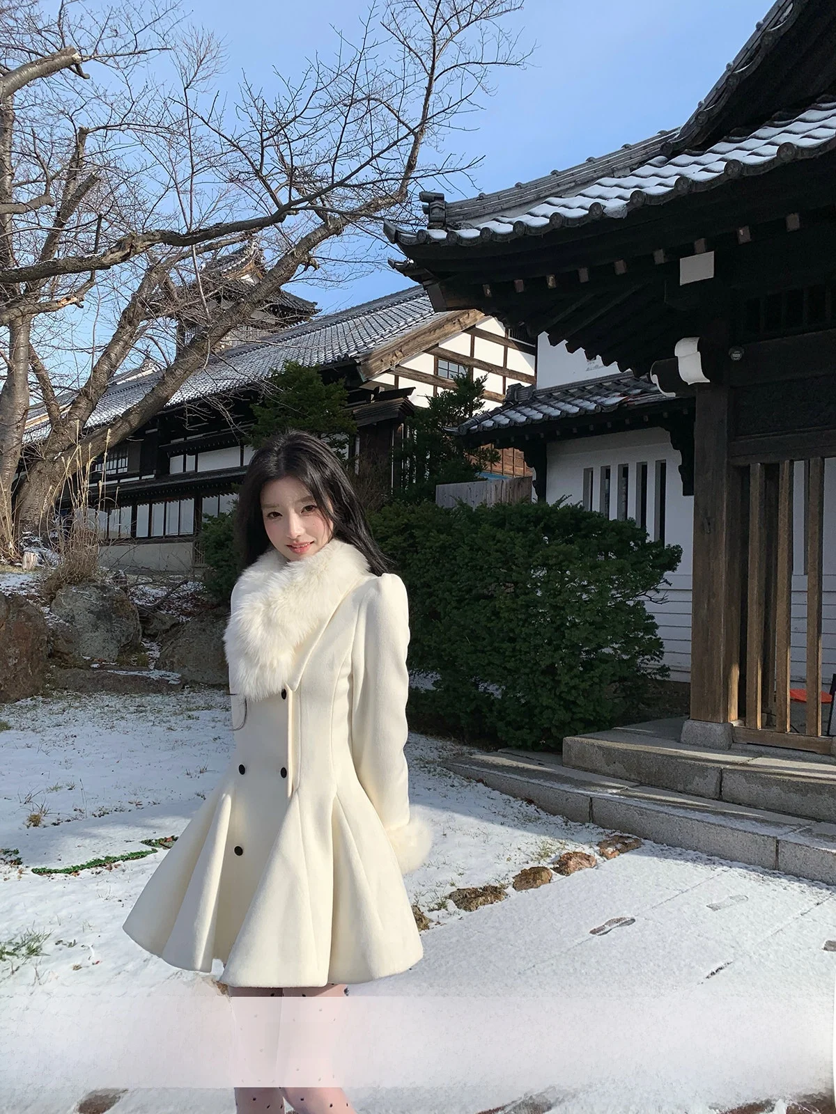 

Ele White Fur Collar Dr Women's Winter Slimming Gown Gentle Sle Waist-Cinching Skirt by Zhang Yuli