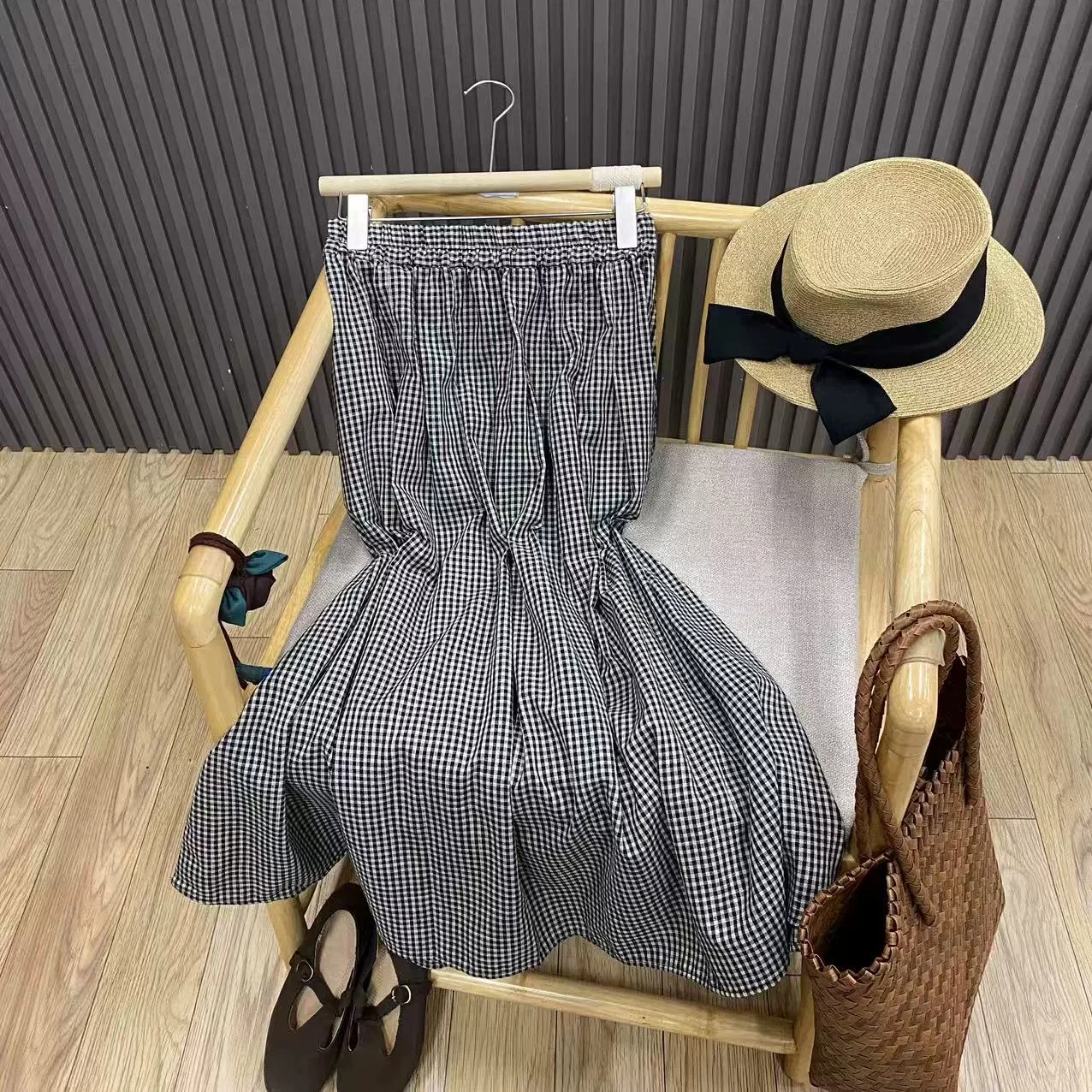 Jupe mi-longue rétro à carreaux en pur coton, taille haute, ample, polyvalente, amincissante, ligne a, pour femmes, pour les déplacements quotidiens