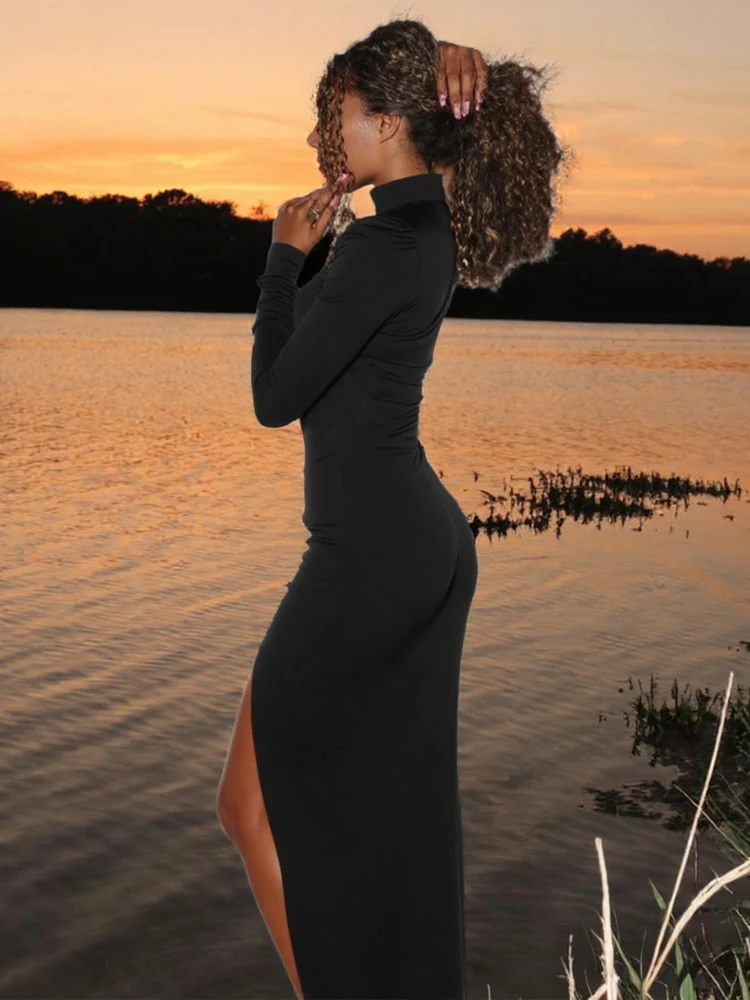 이상한 푸스 아플리케 섹시한 스플릿 드레스 여성 Y2K 홀터넥 어깨 패드 롱 슬리브 우아한 이브닝 스트레치 스키니 맥시 바디콘