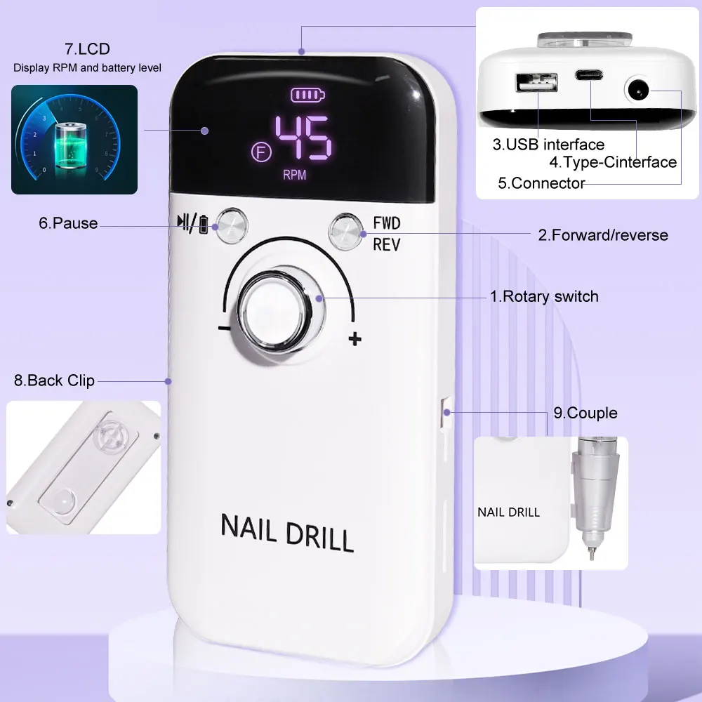 Lucidatore ricaricabile professionale per trapano elettrico per unghie da 45000 giri/min con schermo LCD adatto per strumento per manicure per lima per unghie con smalto gel