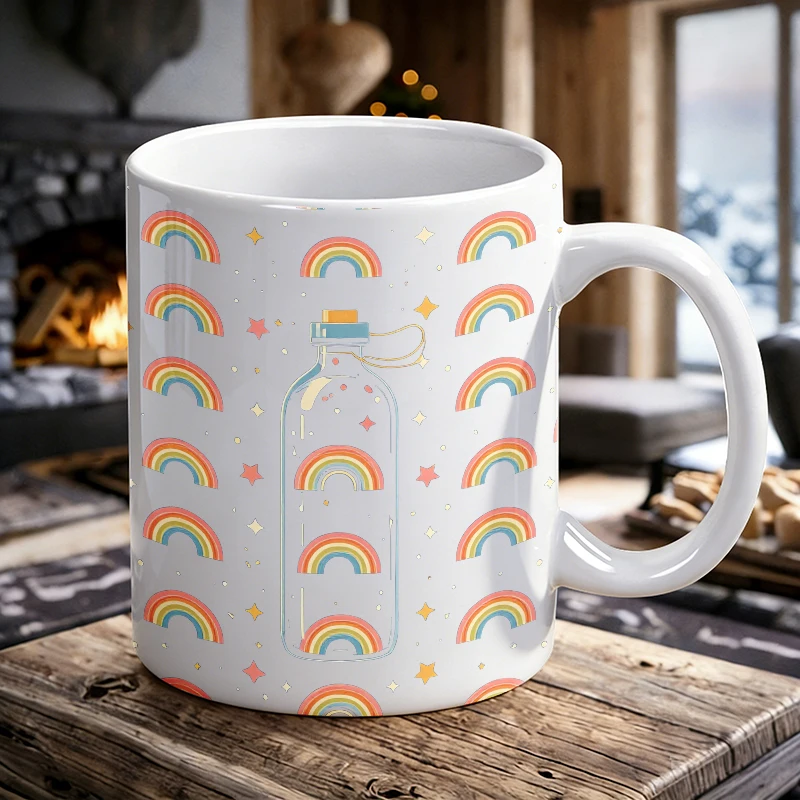 

Cute bottle rainbow star print ceramic mug, coffee cup, milk cup, office tea cup, drinking cup, does not fade, gift for friends