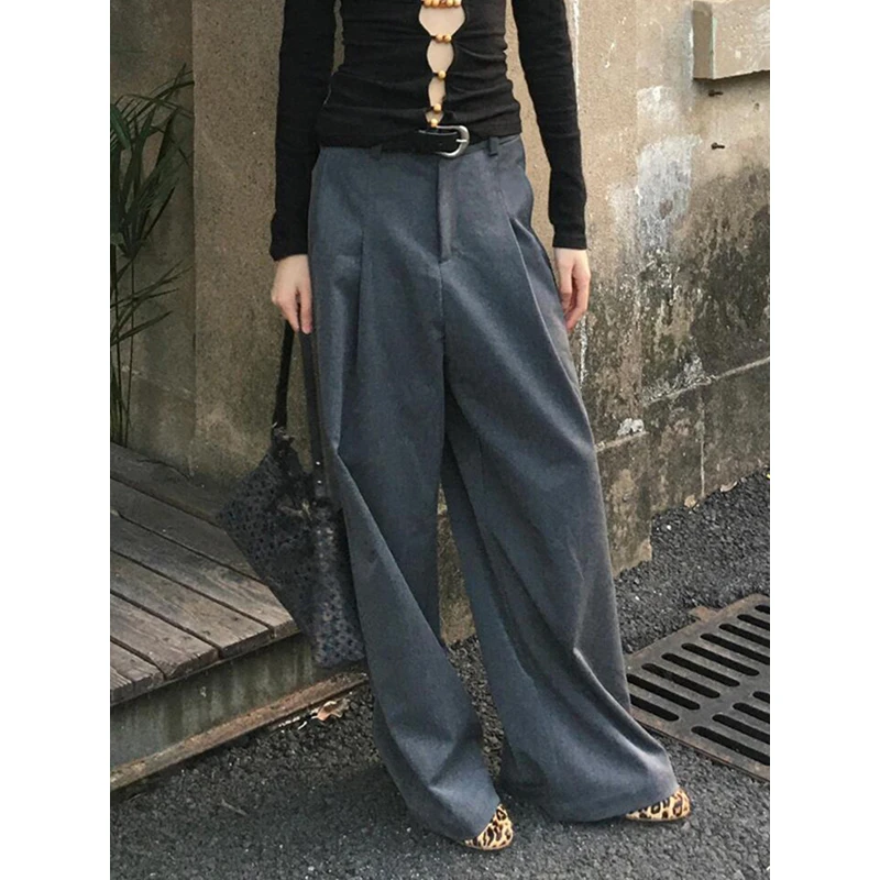 

PBAP Women Pleated Front Gray Wide Leg Suit Pants Vintage High Rise Pockets Loose Solid Draped Long Trousers Work Casual Clothes