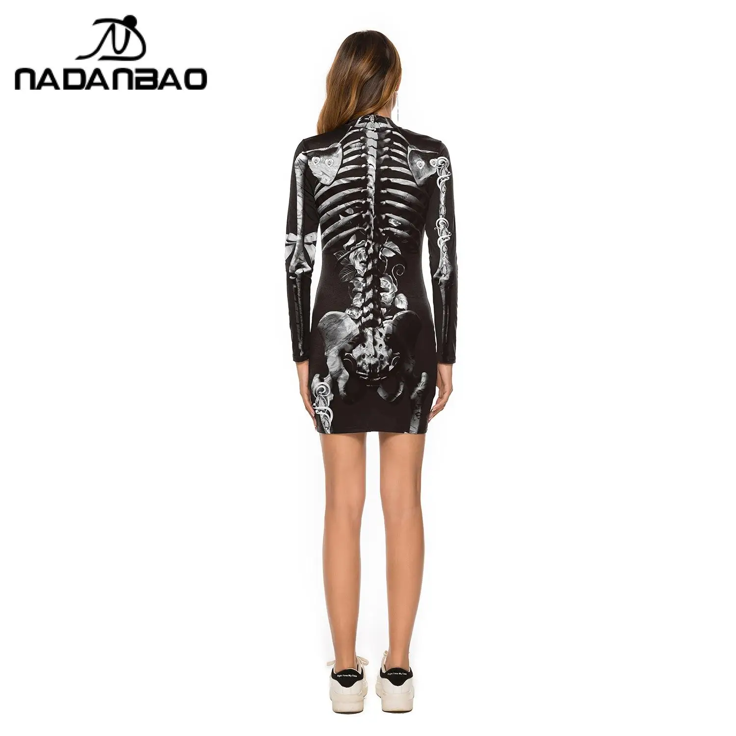 Nadanbao Halloween Funny Holiday Party Dress Women Horror Skull Print Girls Black Sexy Long Sleeve Bodycon Dress