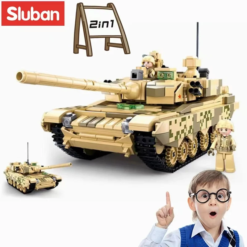 Sluban WW2 Military Army 99A Main Battle Tank Model Building Blocks Soldier Bricks World War II Weapons 6B Tank Toys Gift Boy