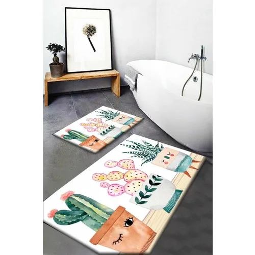 Else Carpet Else Cute Cactus Pattern Washable Anti-Slip Soles 2li Bath Mat Doormat Toilet Seat Pad