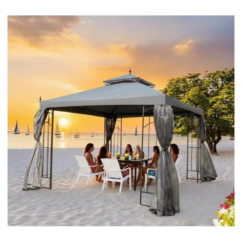 

Outdoor Patio Gazebo with Corner Shelves and Double Roof Canopy Shelter for Garden and Backyard Use