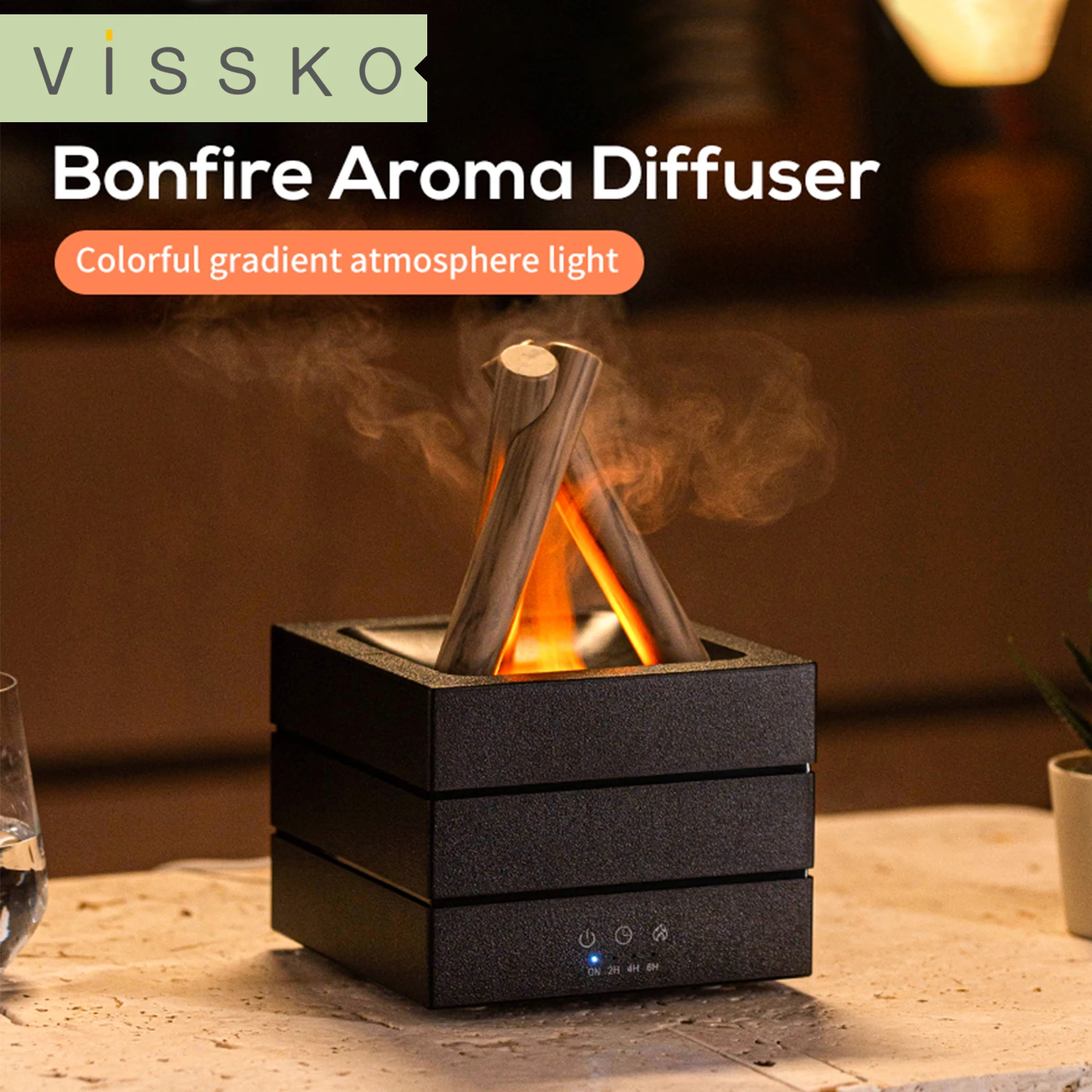 VISSKO 2025 Lagerfeuer-Aromatherapie-Maschine, Desktop-USB-Plug-in, hohes Nebelvolumen, bunte Flammen, Luftbefeuchter, Diffusor für ätherische Öle