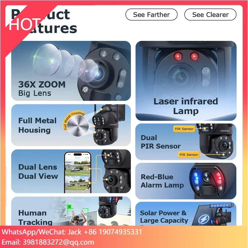 กล้องวงจรปิด SECTEC 10W ซูม 36 เท่า เลนส์คู่ 4G พลังงานแสงอาทิตย์ สำหรับภายนอกอาคาร รองรับเครือข่าย ซูม 36 เท่า เลนส์คู่ ความละเอียด 6MP บันทึกภาพตลอด 24 ชั่วโมง แบตเตอรี่ 20000mAh กล้องพลังงานแสงอาทิตย์พร้อมเลเซอร์