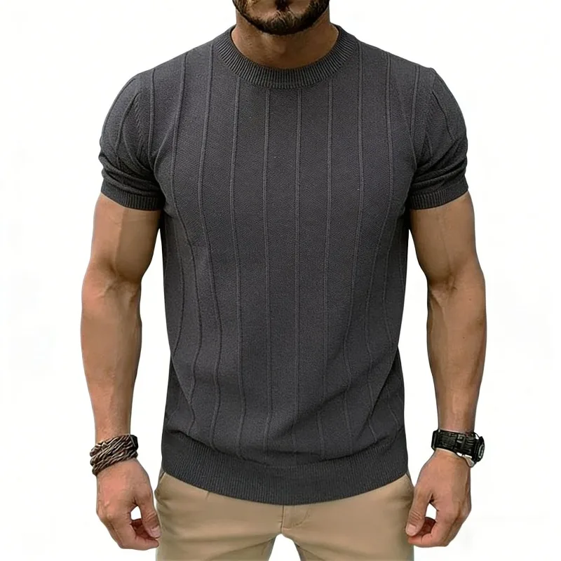 Short-sleeved Knitted Sweater, T-shirt, Men's Striped Texture, Old Money Style Ice Silk, Summer Plus-size Cross-border Fashion