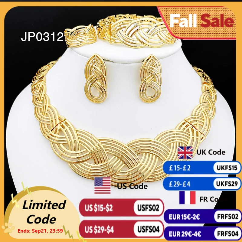 

Fashion 18K Gold Plated Jewelry Set For Women Classic Design Woven Pattern Necklace Earrings Bracelet And Ring 4PCS Set Jewelry