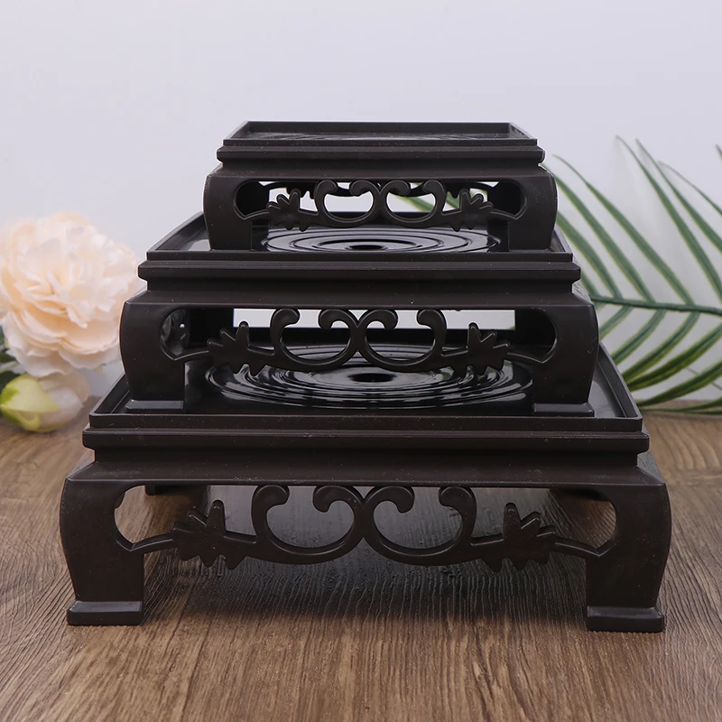 Deep Brown Carving Wooden Look Plastic Base Tray Flowerpot Holder Round Square Multi-Functional Teapot Vase Fish Tank Base