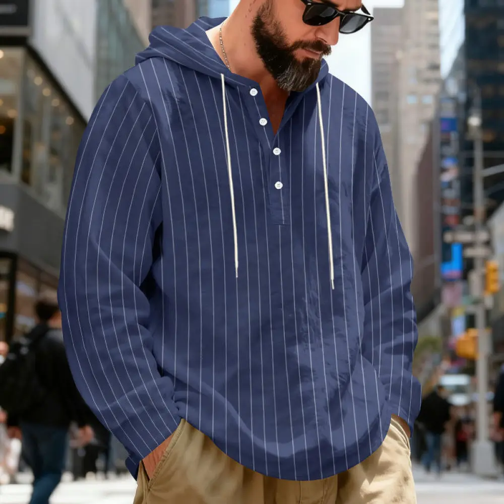 Mens Long Sleeve Hooded Linen Shirt Striped Casual Breathable Spring Autumn Fashion Tops Comfortable Streetwear Pullover