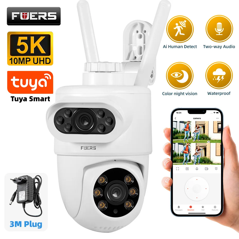 FUERS 5K 10MP IP-камера с двумя объективами Tuya Smart Outdoor Home Security Автоматическое отслеживание Обнаружение человека WIFI CCTV Камера