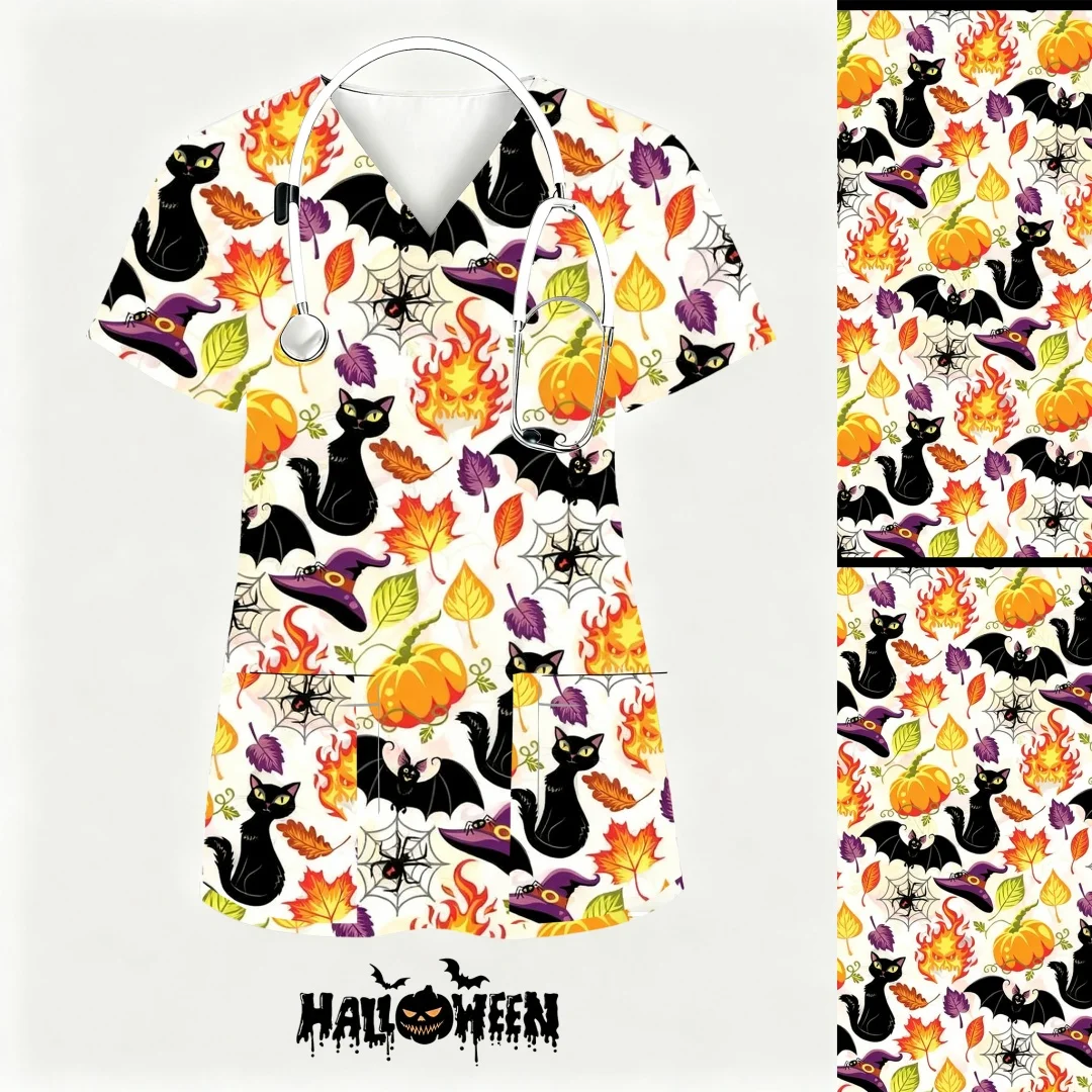 Uniforme clínico feminino halloween abóbora padrão impressão uniformes médicos mulher uniformes de enfermagem roupas de trabalho de manga curta