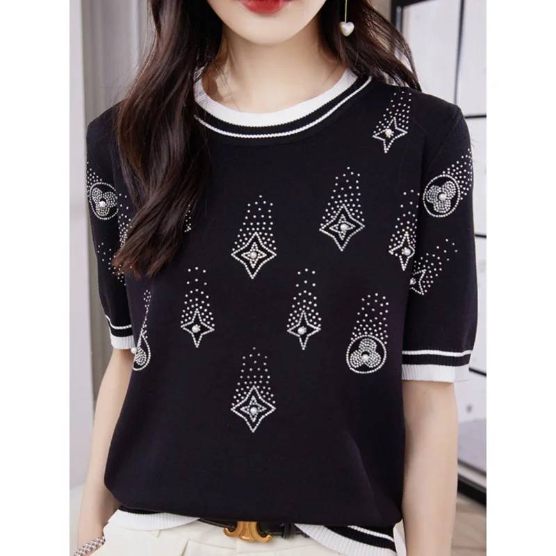 Korean Style Fashion Rhinestone Ice  Knit Neck shirt Women's Summer New Slimming Color Matching Short Sleeve Thin Knitted