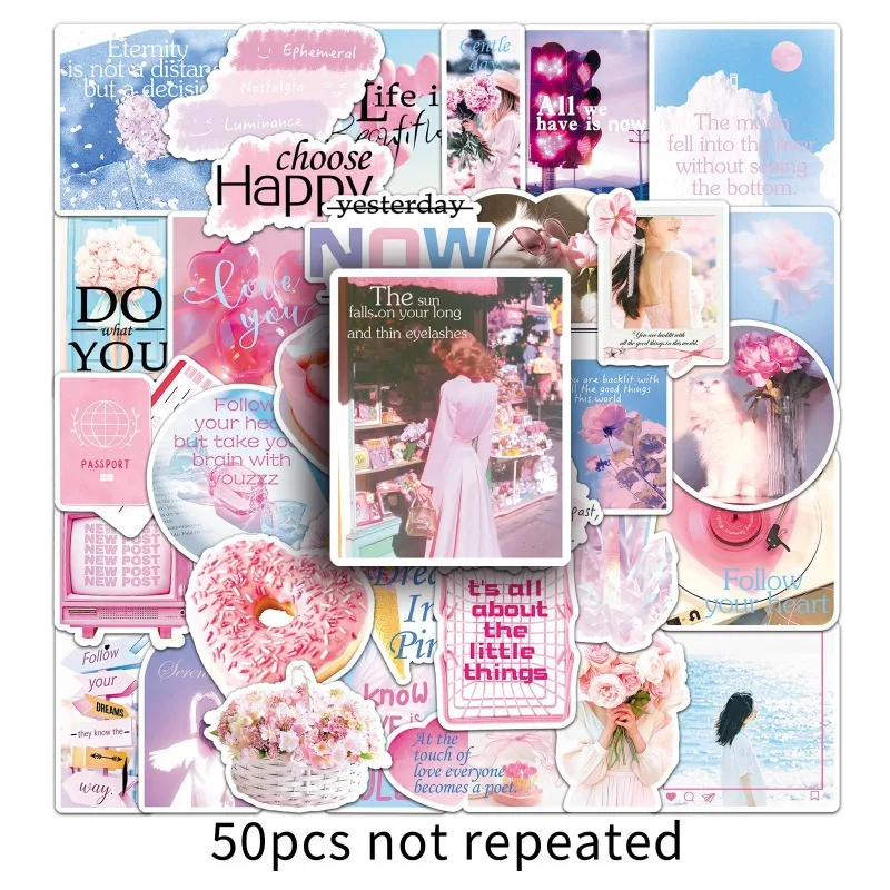 50 Sheets Pink Color Cute Cartoon Sticker Versatile DIY Decals for Notebook Laptop Room Decor Aesthetic Scrapbooking Supplies
