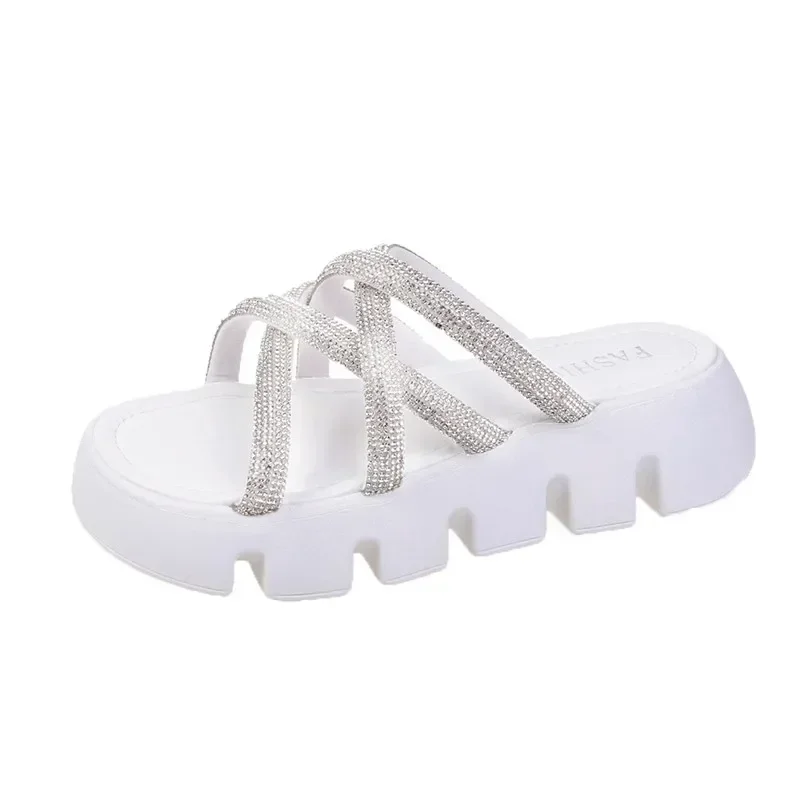 2024 New Fashion Slippers Women Flats Platform Summer Women Slippers Slip On Diamond Decoration 5cm Heel Casual 35-40