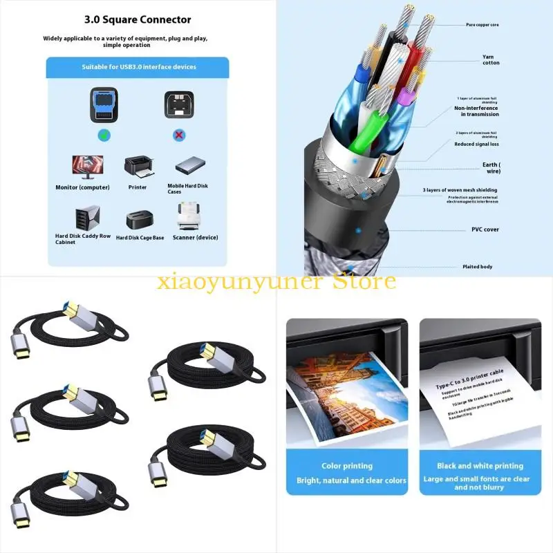 Nylon Braided USB B To Type C Cable Office Use For Printers Docking Stations P9JB