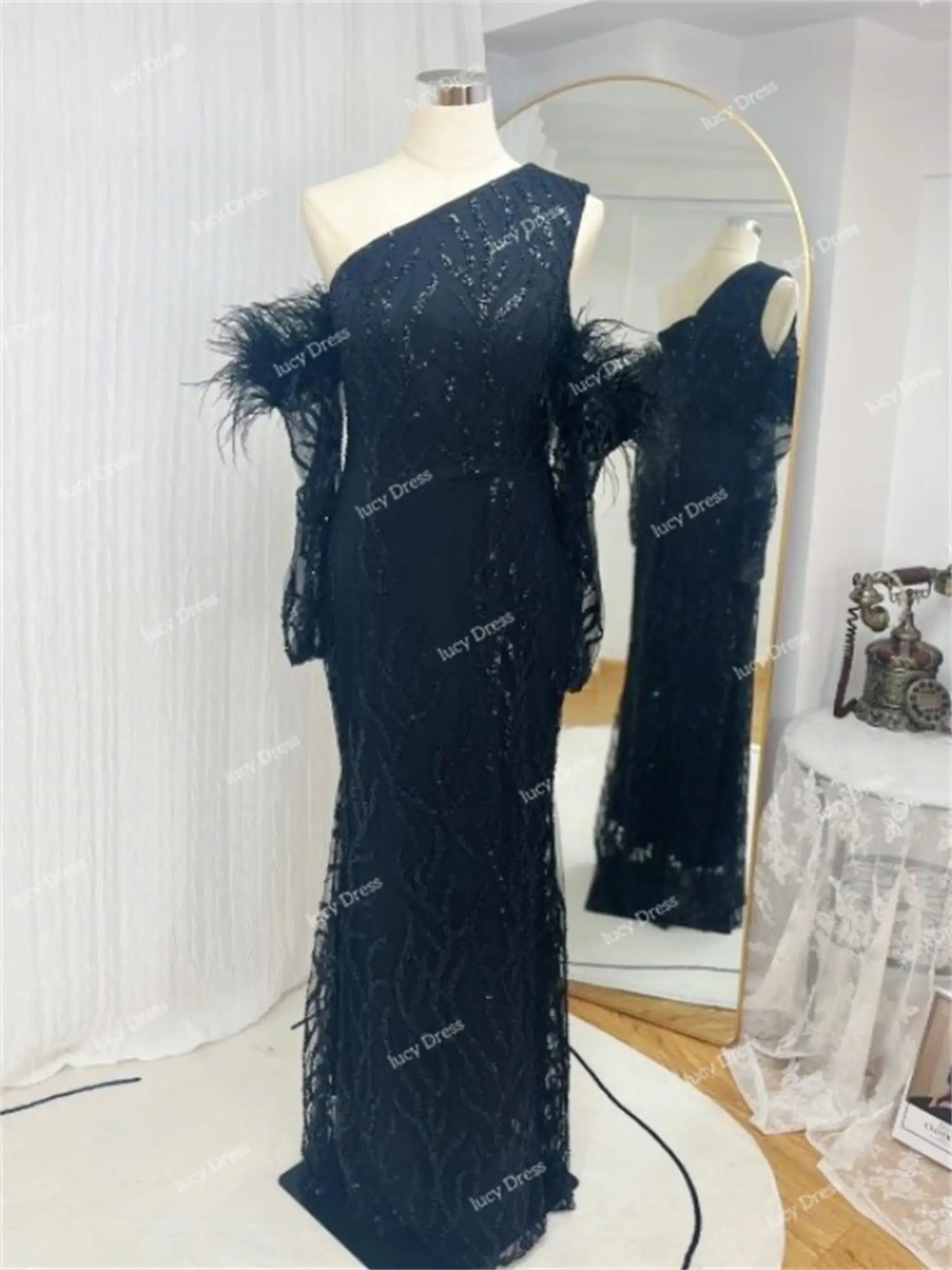 Lucy Evening Dress Feather Decoration Luxurious Black Eid Al-fitr Shiny Bead-embroidered Fabric Mermaid Long Dresses Ball Gowns